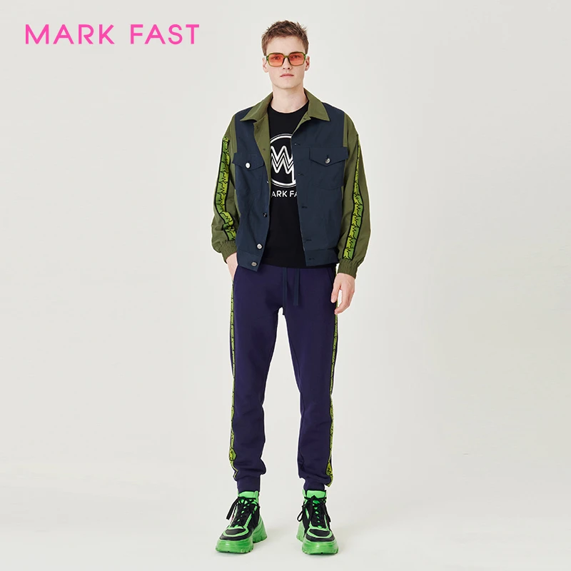 MARKFAST设计师品牌暗橄榄绿拼布织带夹克外套男M1CFM15600