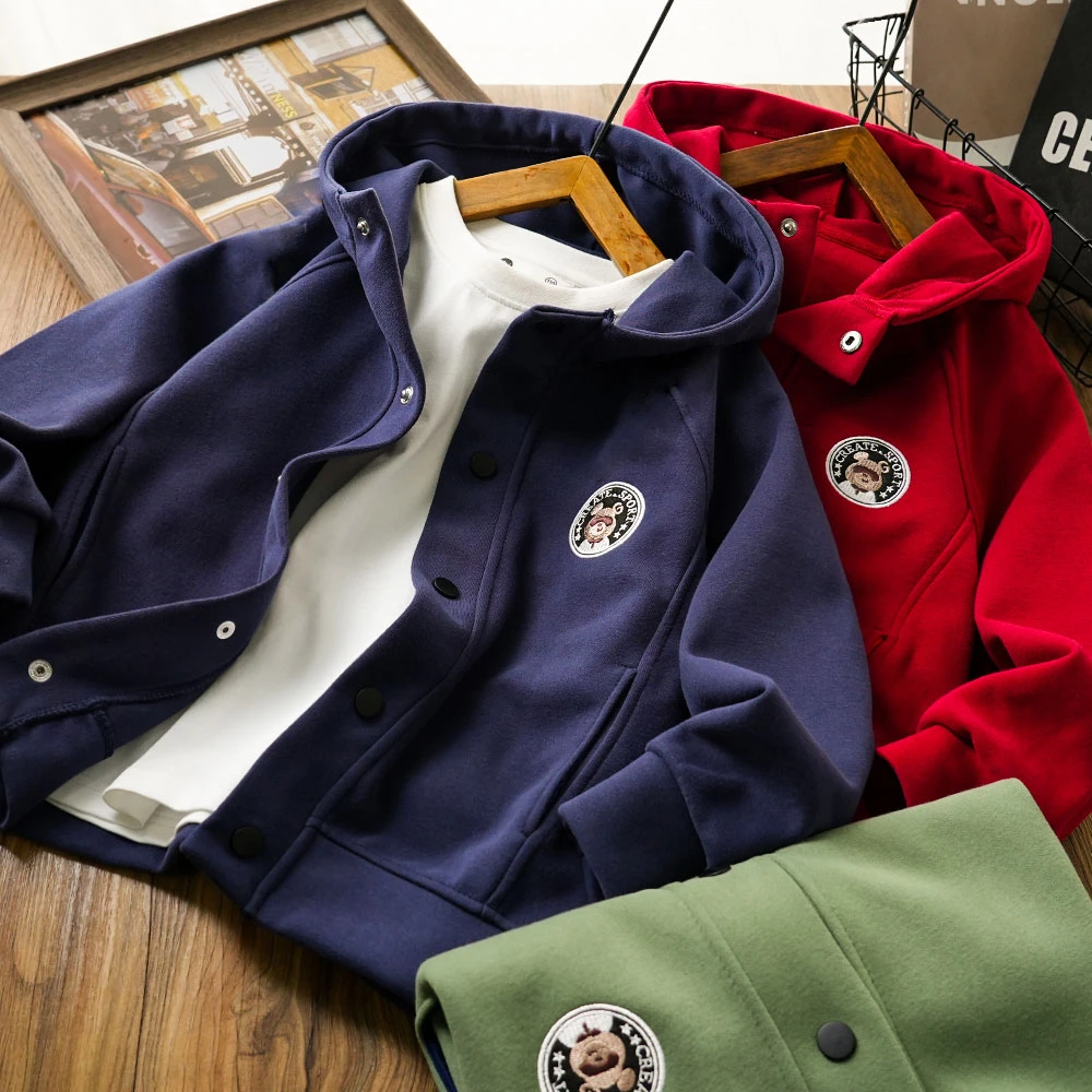 男童儿童秋季新款小熊刺绣拼接连帽外套中大童洋气上衣MT2436