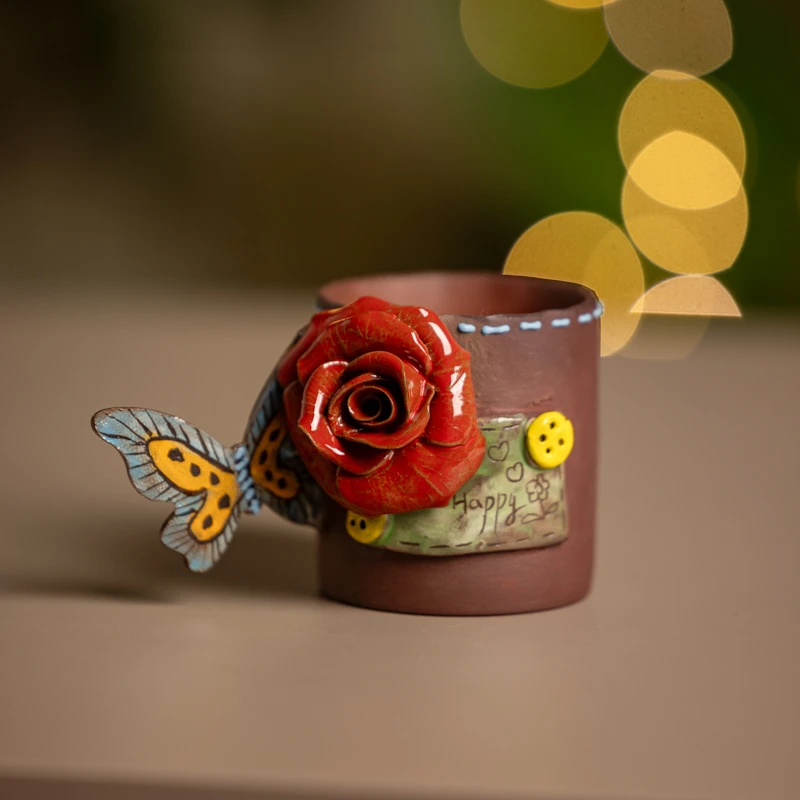 088三只熊立体蝴蝶把手玫瑰紫砂马克杯
