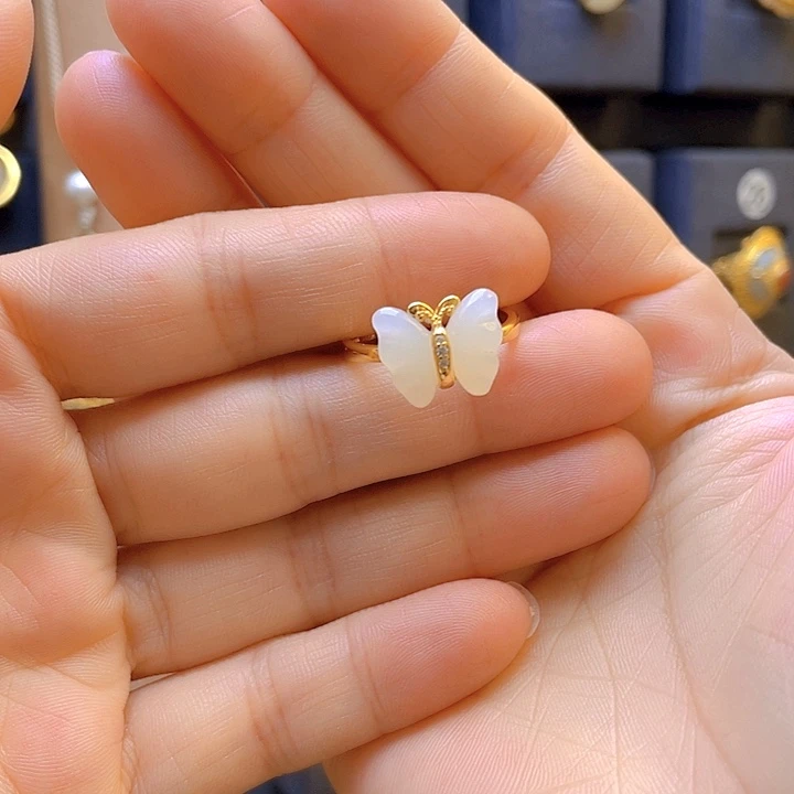 和田玉戒指银S925镀金镶嵌