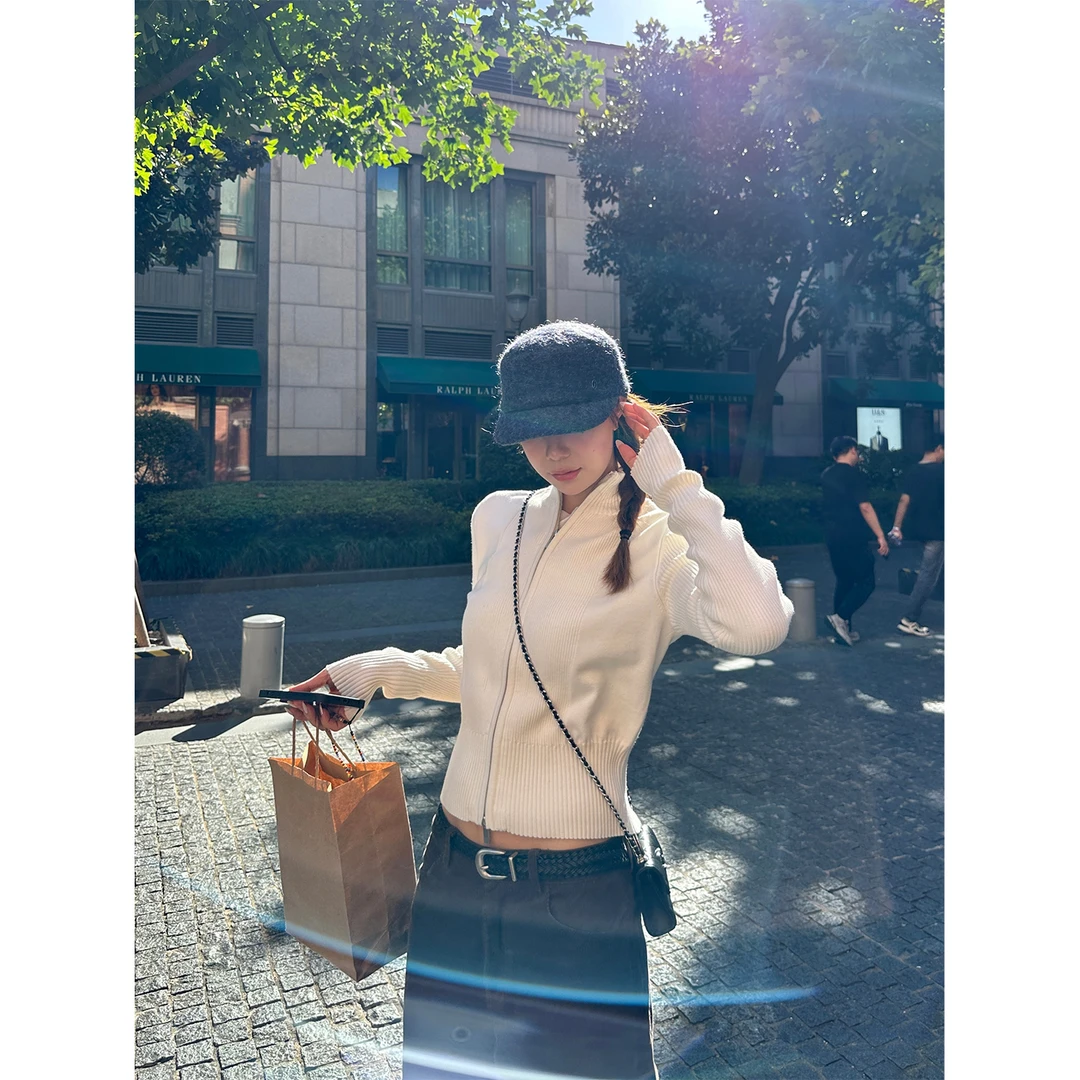 DYANGJUN 【清清白茶】秋季新款 白色针织拉链百搭打底