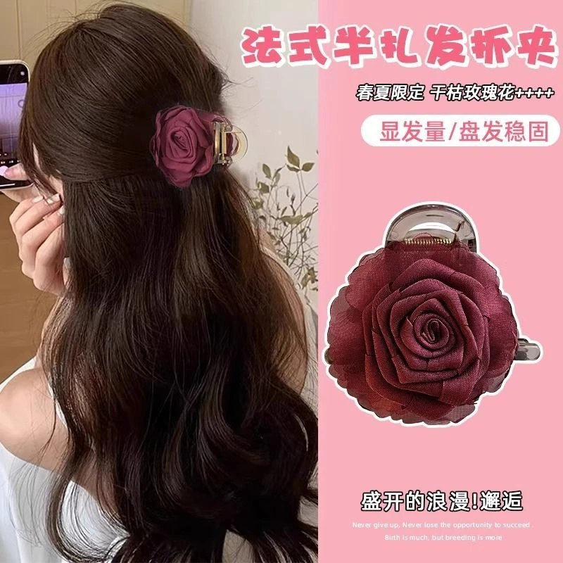 新款2025女式塑料后脑勺盘发小号抓夹玫瑰双面花朵鲨鱼夹头饰发饰
