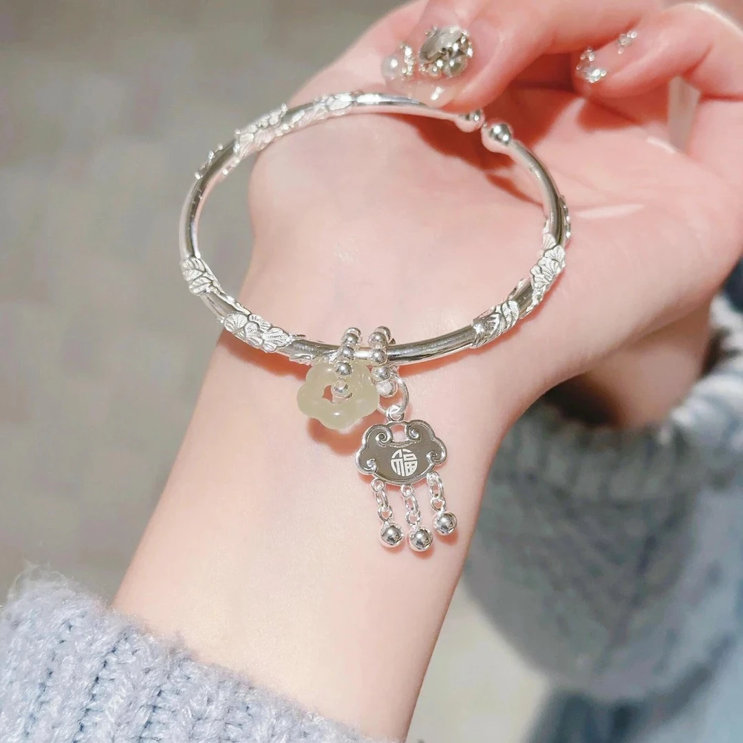 足银手镯 繁花似锦平安锁银手镯女古风高级感手饰简约气质D0006
