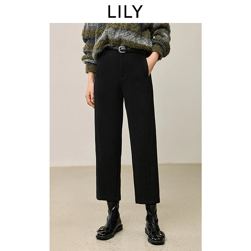 LILY2025冬新款女装含醋酸通勤深色九分直筒裤休闲裤125409C5936
