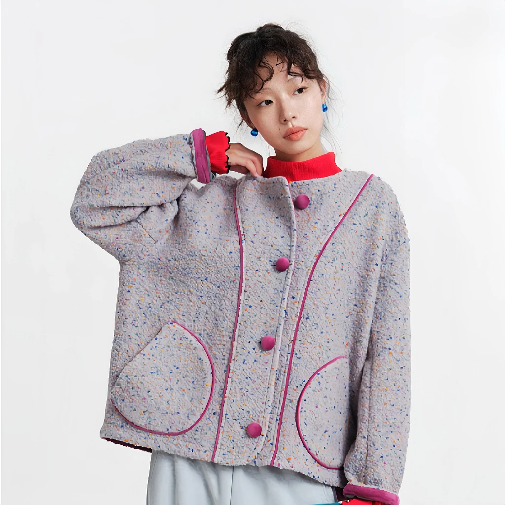 MOVEUP幻走2025冬季新款.FUN 撞布包边彩点短款毛呢外套3EWD60208