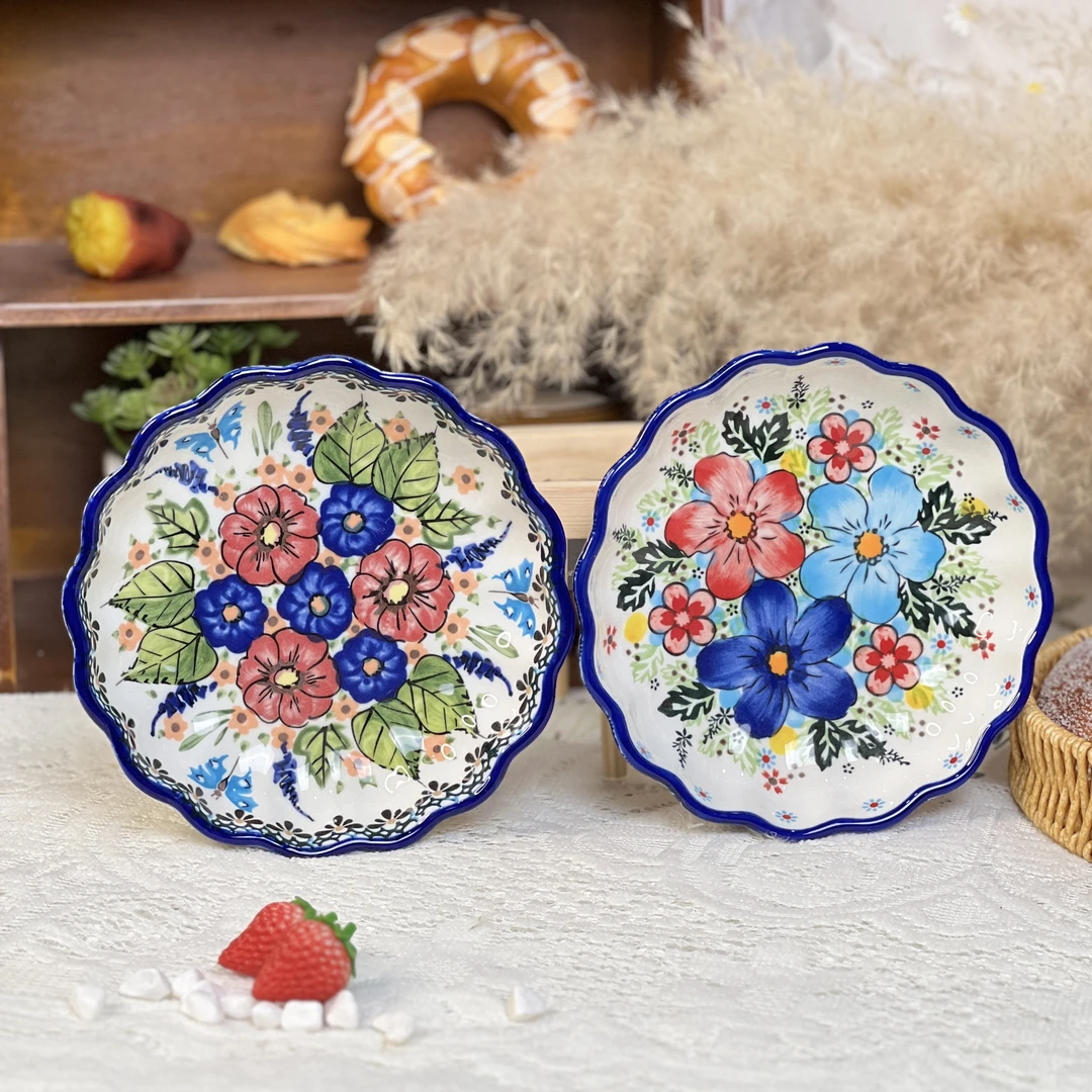 Sazaki花蝴蝶 深圆盘子大号家用菜盘6.5英寸波兰彩陶瓷手绘釉下彩