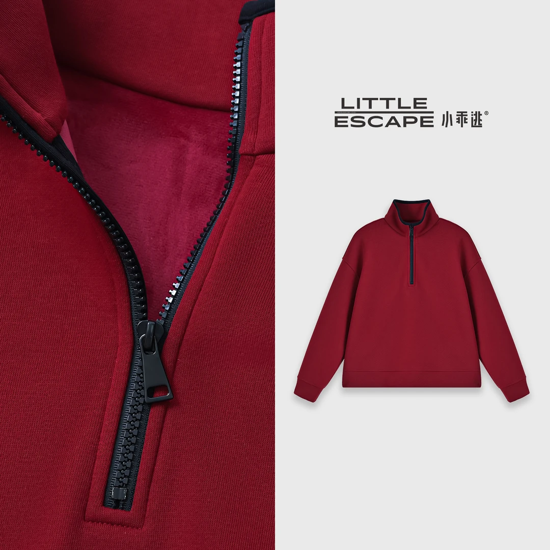 小乖逃休闲时尚深红卫衣净色高领半拉链简约风新年红秋冬款M9765