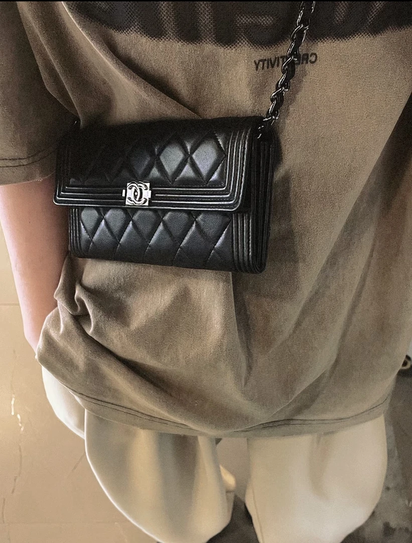 95新 Chanel/香奈儿 4381 黑银羊皮菱格纹leboy卡包15-16