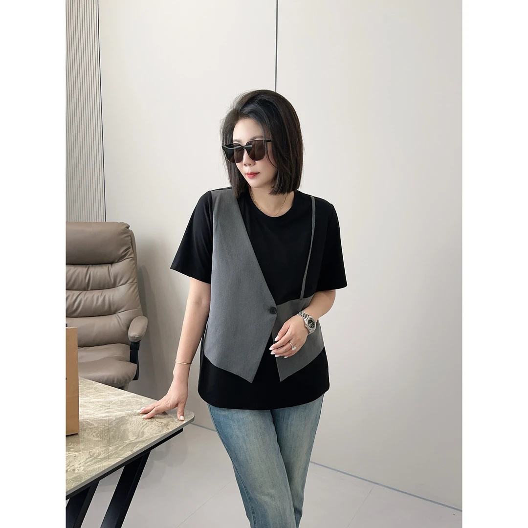 微胖女装【游牧诗人】西装拼接假两件T恤春季新款高级显瘦上衣20650