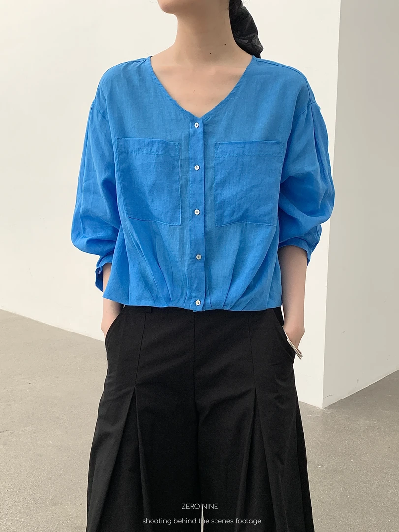 米古古ZERO NINE # 5898#福 老钱短款麻感松弛感衬衣（衣长50）