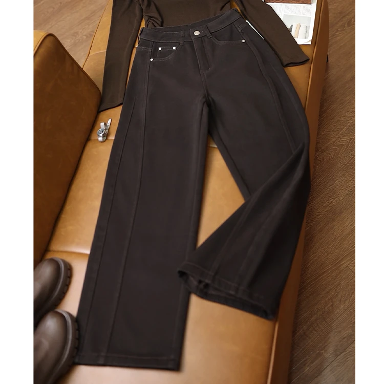 阔腿女士加绒牛仔裤女2025秋冬新款宽松高腰裤梨形显瘦香蕉裤2161
