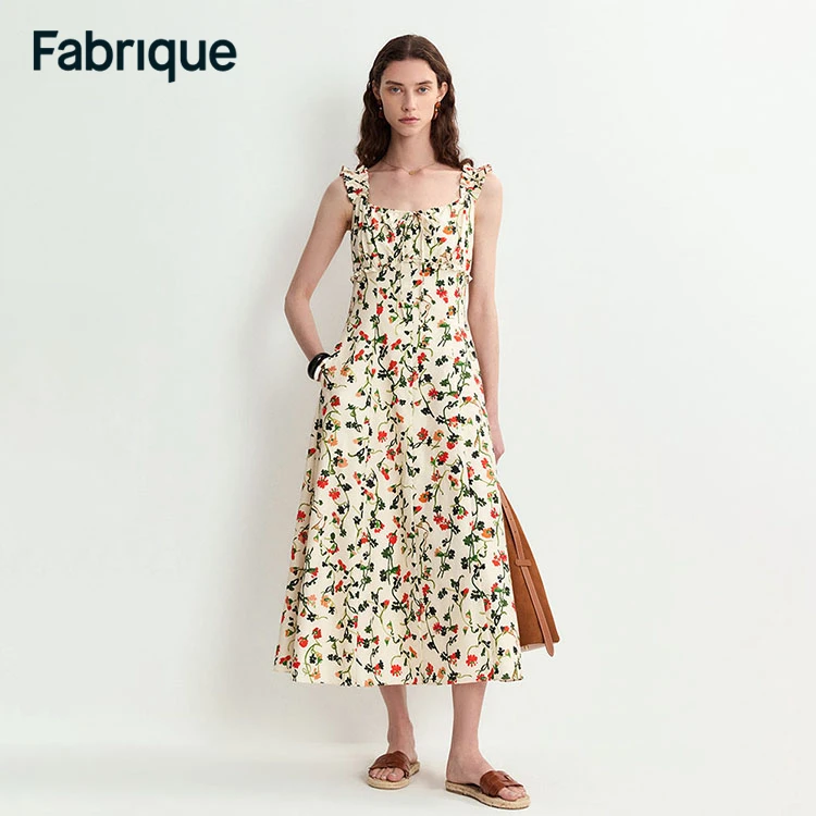 Fabrique Fleur 春夏新款藤蔓玫瑰桑蚕丝棉荷叶边肩带法式连衣裙