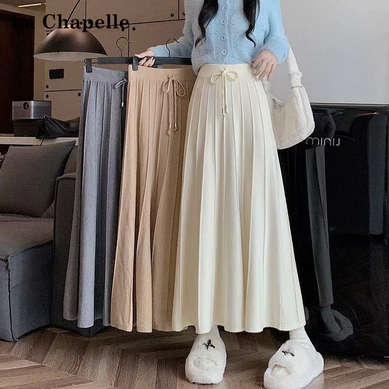 La Chapelle/拉夏贝尔韩系针织裙半身a字伞裙秋冬高腰遮胯百褶裙