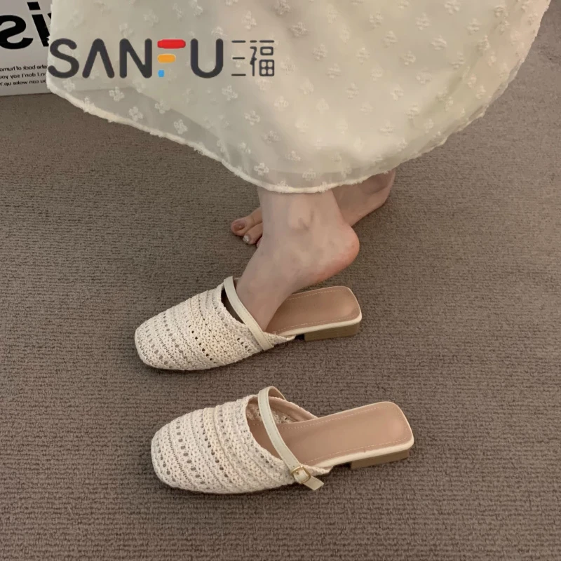 爆款森系包头半拖鞋女夏外穿2025新款一脚蹬勃肯鞋波西米亚凉拖鞋