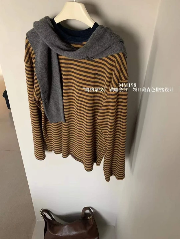 简易黄咖条纹T恤女款