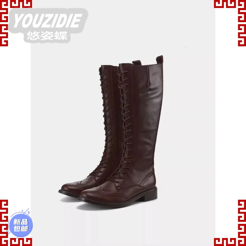 YOUZIDIE羊皮版~2025年新款复古英伦风粗跟系带长筒靴女款百搭