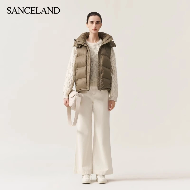 SANCELAND三石一澜冬连帽白鹅绒羽绒马甲短款保暖外套SI48101004