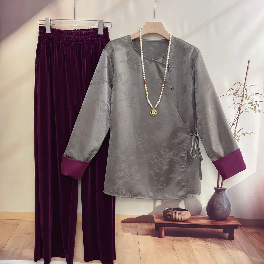 复古新中式古休闲长袖风老钱风新中式提花设计民族风时尚俩件套装