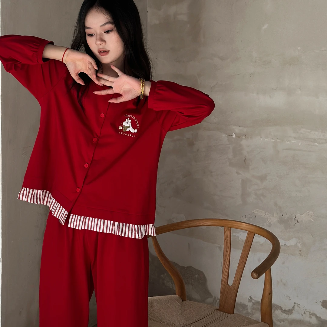 及好情侣睡衣春秋季纯棉套装男女红色结婚新婚秋冬款本命年家居服