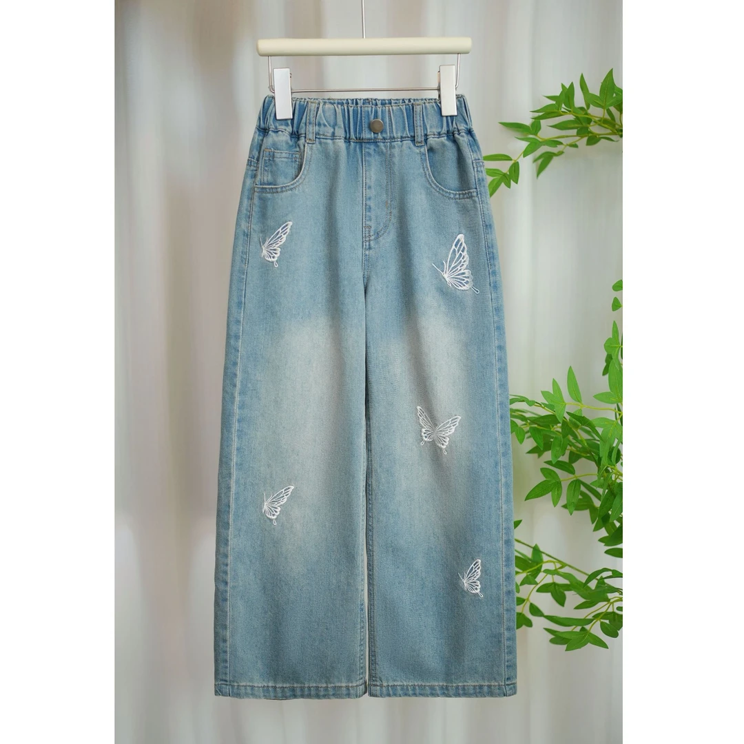 女童牛仔裤夏款2025夏季新款裤面蝴蝶刺绣款中大童百搭直筒裤A044
