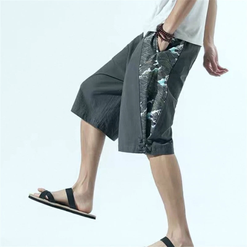 25C11D1夏季中国风棉麻阔腿裤新中式宽松大码撞色盘扣束脚六分裤