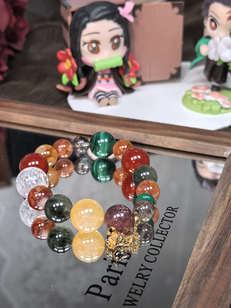 【圣诞礼物7分】天然水晶黄胶花红胶花绿发晶手串