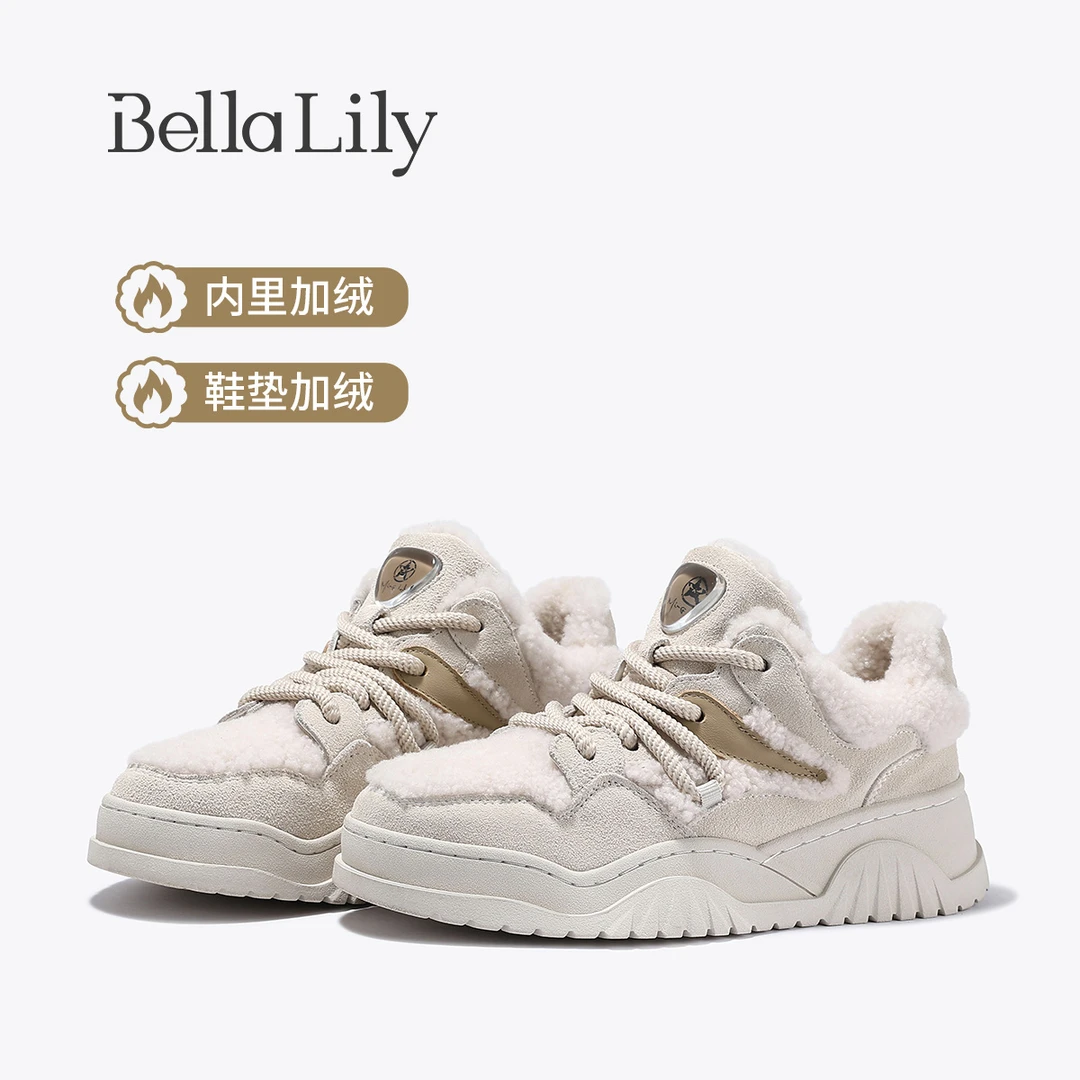 BellaLily冬季新款百搭加绒毛毛休闲鞋女保暖厚底鞋牛皮板鞋