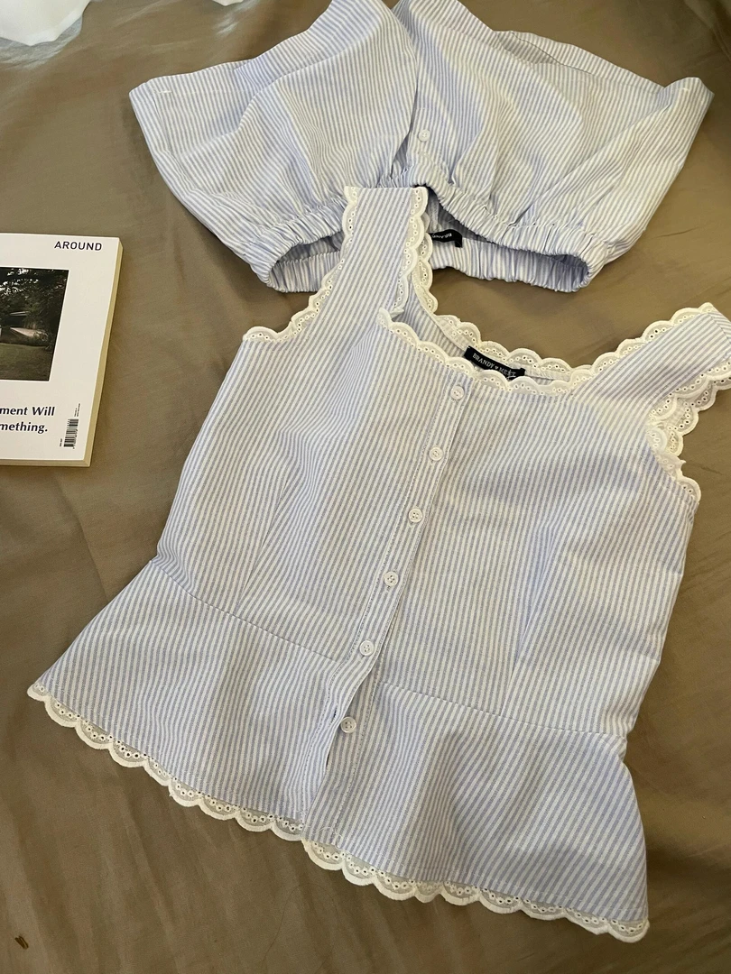 夏季甜美蓝色蕾丝花边条纹叠穿短款无袖马甲背心上衣开衫女夏外穿