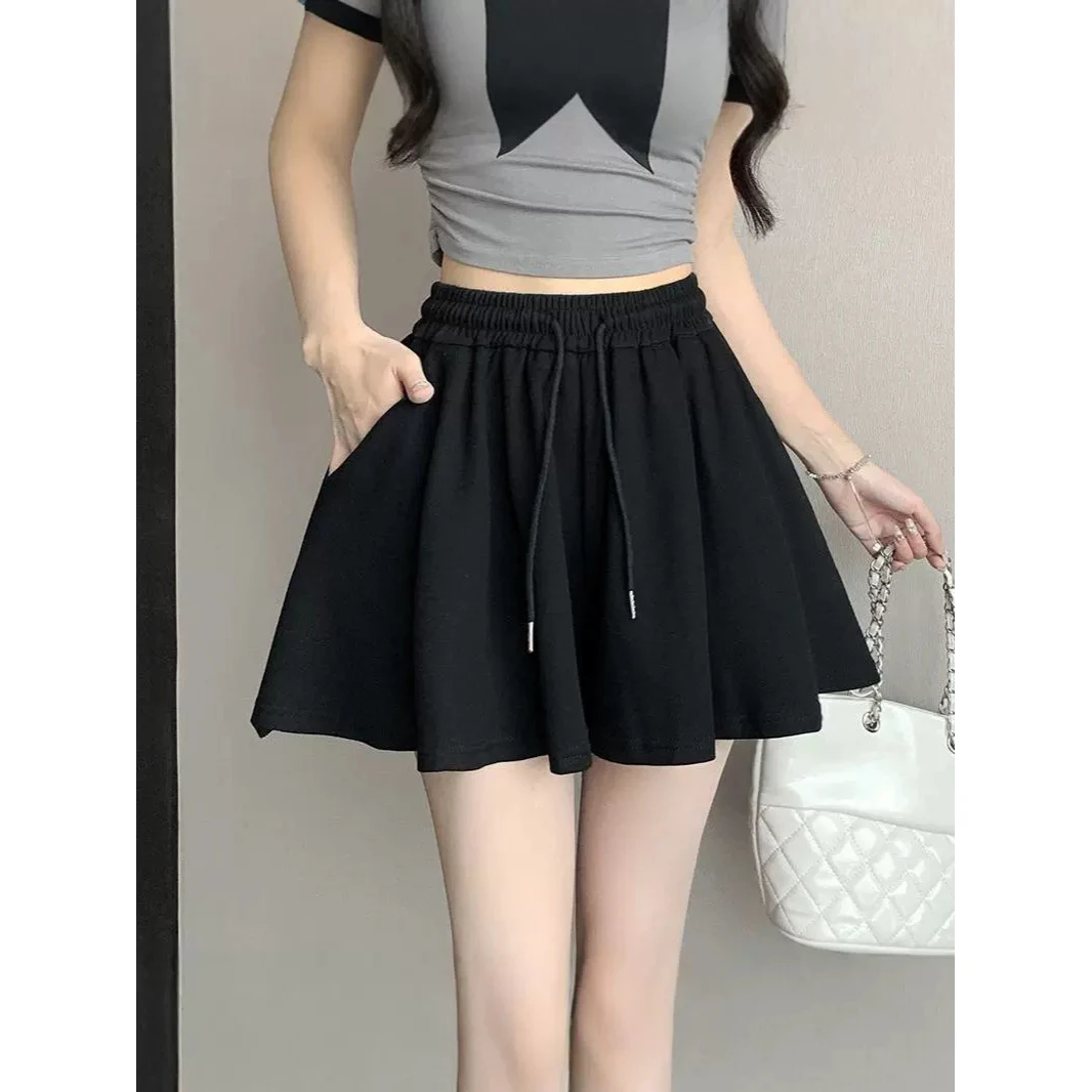 夏季新款韩版阔腿短裤女高腰宽松芭蕾舞裙裤小个子纯色森系灰黑杏
