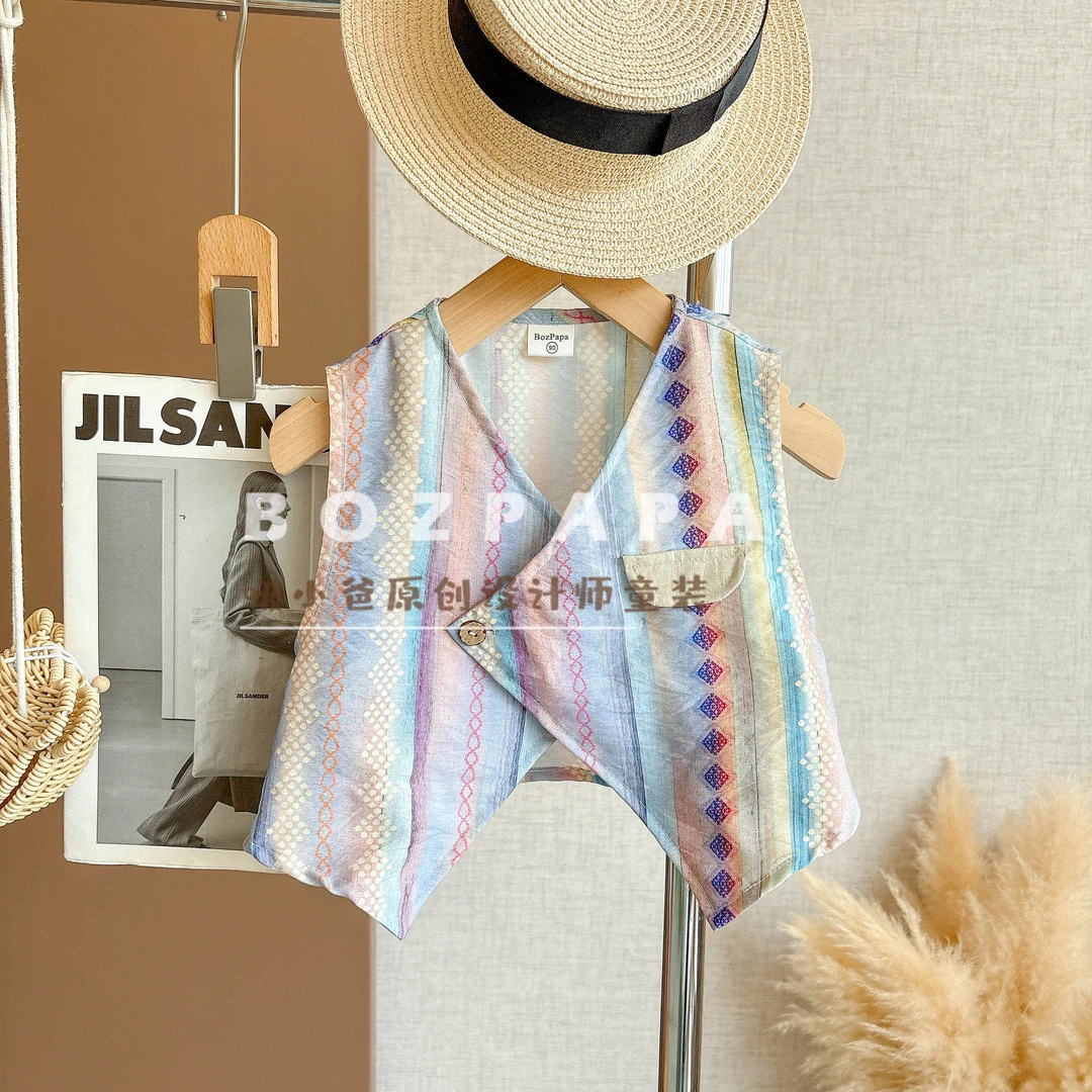 啵小爸【彩虹心跳】2025夏季男童韩系彩色竖条纹一粒扣背心