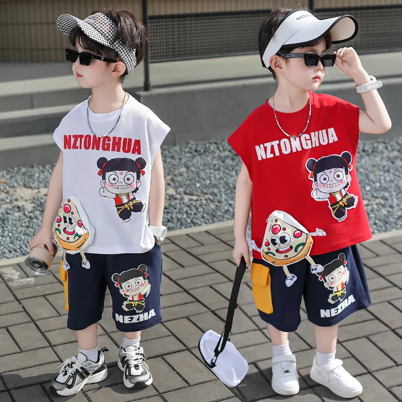 男童夏季披萨哪吒背心套装2025新款休闲薄款男孩中小童无袖两件套