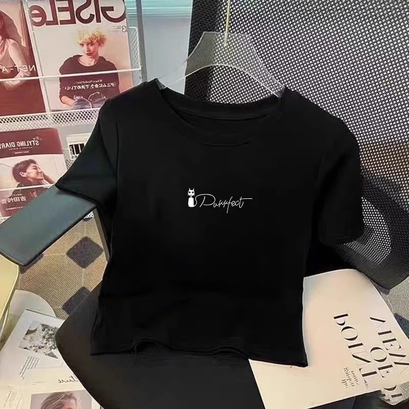 欧货黑色短款短袖T恤女2025夏季新款休闲小众辣妹打底衫上衣ins潮