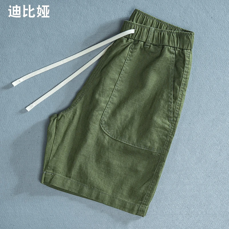 迪比娅亚麻休闲短裤男夏季薄款透气棉麻中裤宽松苎麻工装短裤T