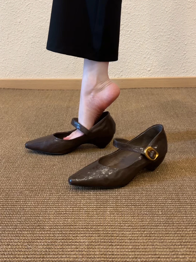 Pokoy-4cm坡跟尖头浅口见外包装一字扣单鞋平底法式粗跟低跟