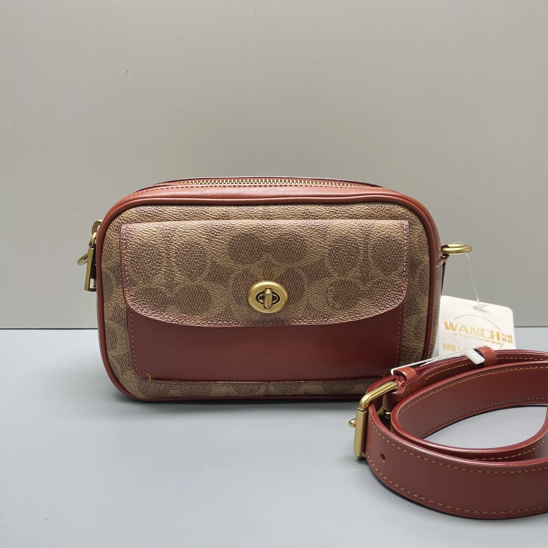 90新 COACH/蔻驰 willow红棕老花相机包20*12*7cmE110708奢侈