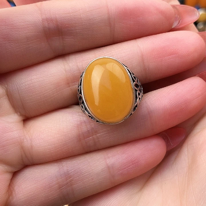 蜜蜡戒指银S925镶嵌戒指