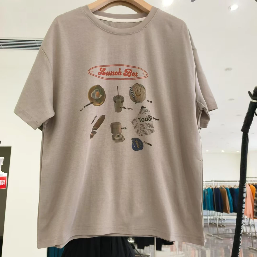 便当盒印花插肩T恤面包短袖女宽松韩版圆领短袖打底衫潮