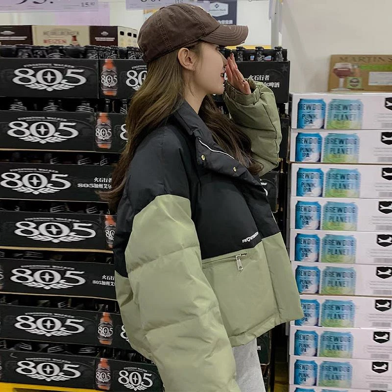 拼色新款棉服女冬2025新款小个子韩系立领面包服加厚保暖短外套潮