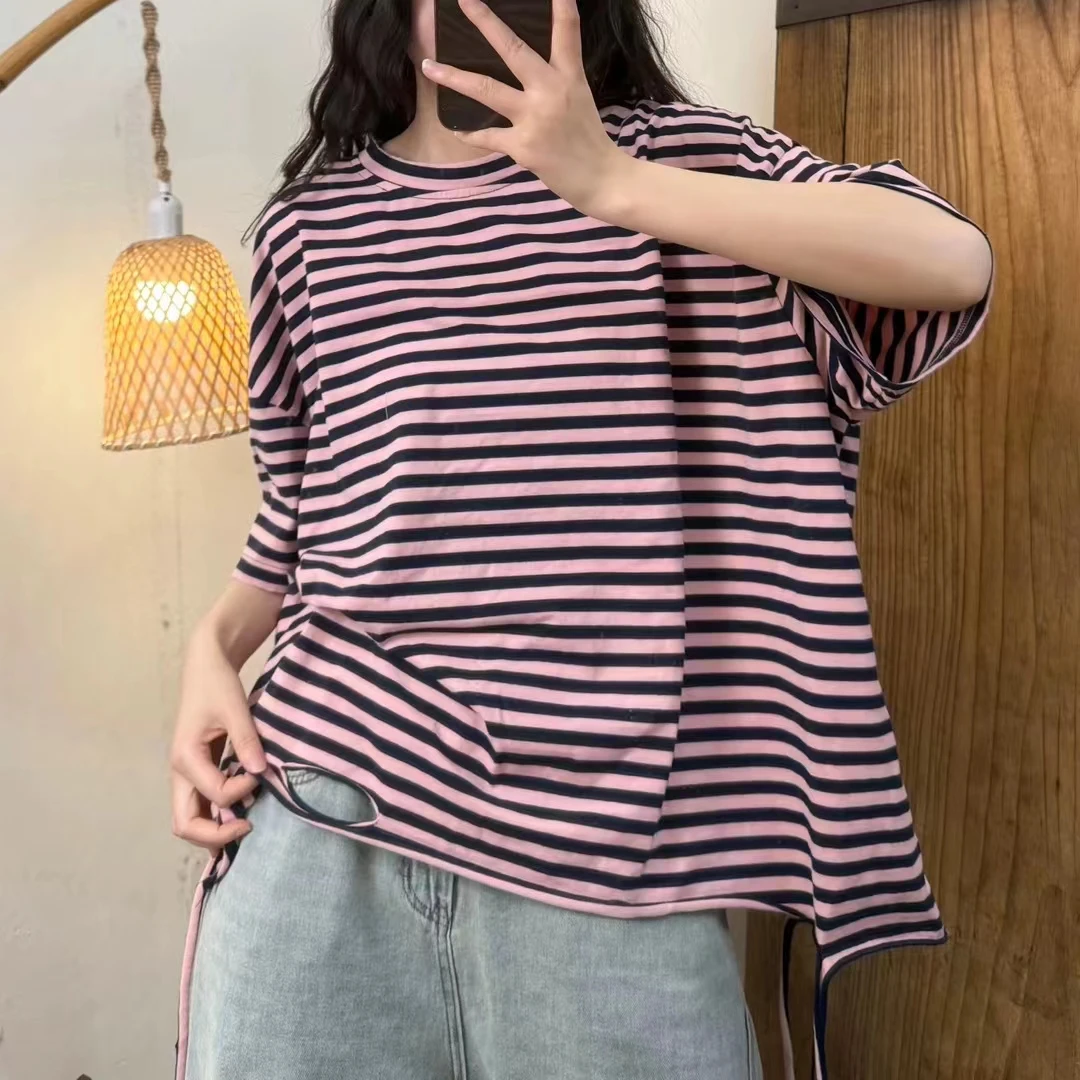 8266条纹短袖T恤女夏季宽松中长款慵懒风休闲百搭上衣