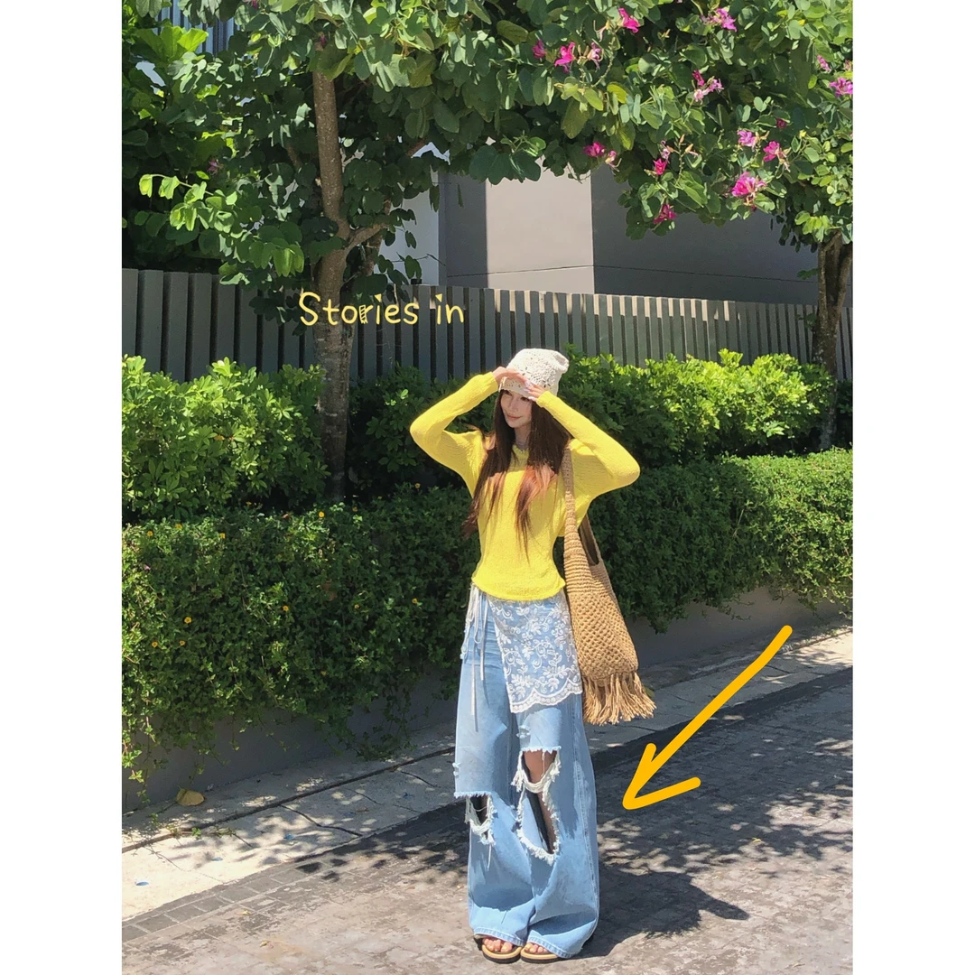 婉君【三个破洞裤】时尚破洞设计感阔腿休闲牛仔裤LWJ25A1K426