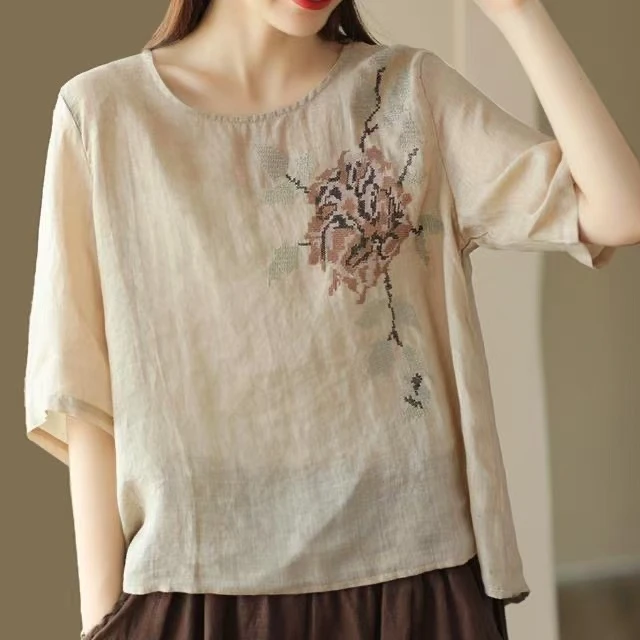 【现货+运费险】日系文艺复古棉麻短袖衬衫宽松棉麻刺绣上衣V351