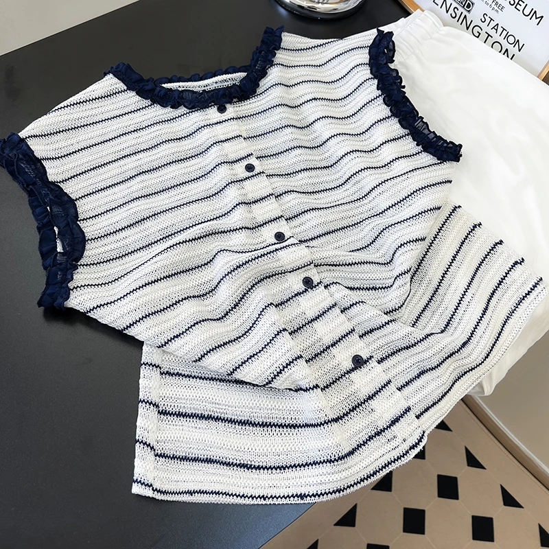 卡莲格/温柔风纹理质感花边无袖T恤女夏新款显瘦撞色条纹气质上衣