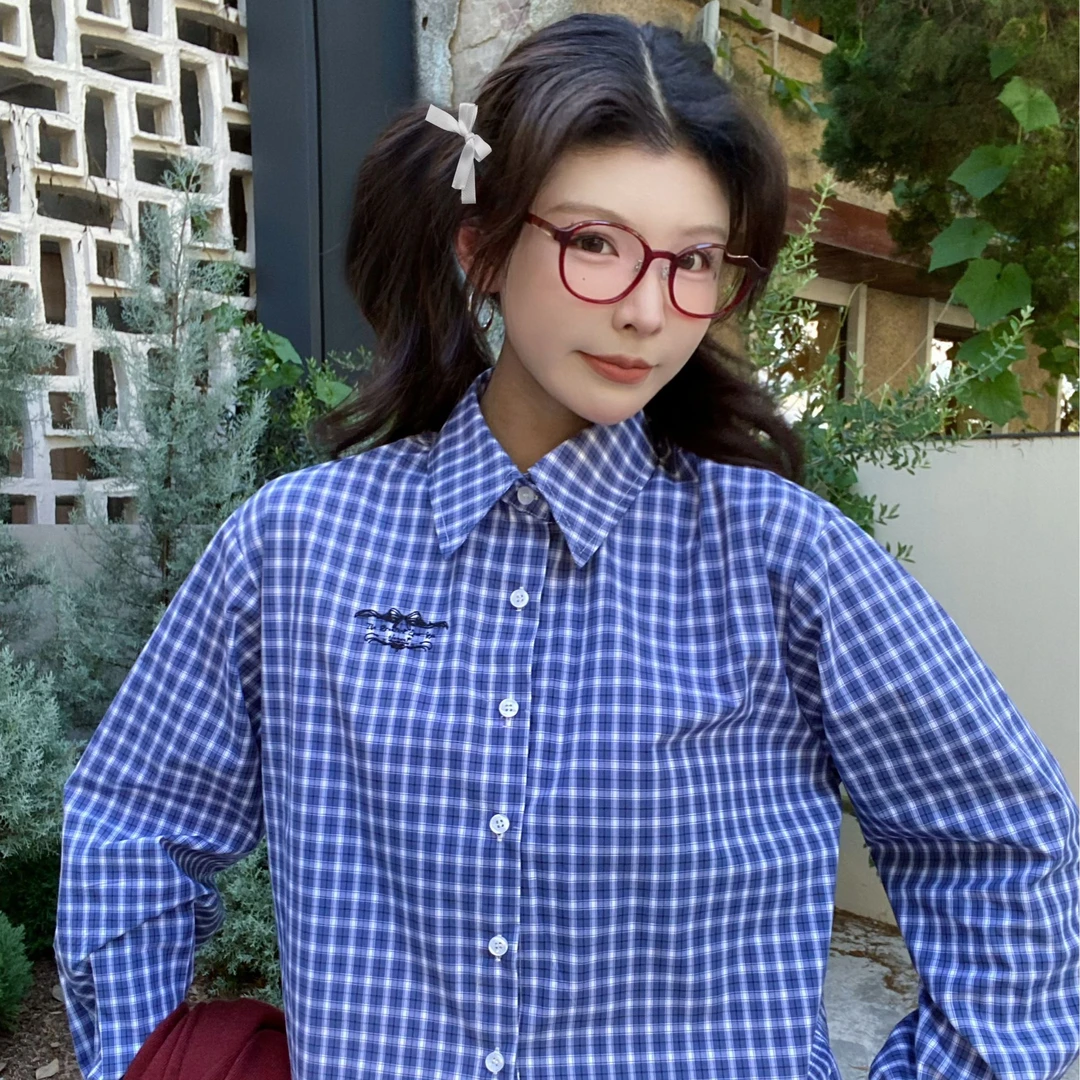 T-GEY【蓝调】格纹复古设计感花边衬衫