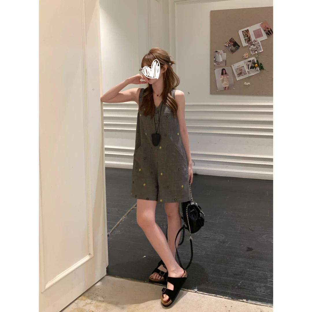 巧可珠珠~夏季V领开扣连体衣休闲亲肤舒适连体裤女