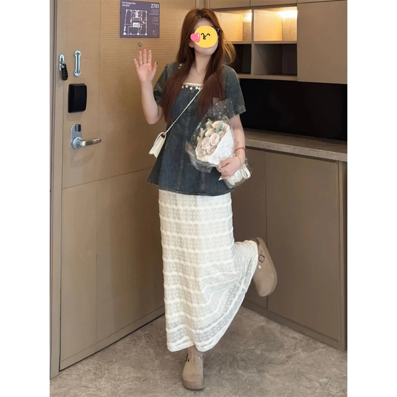 大码女装方领花边领牛仔收腰上衣夏季新款T恤长裙短袖胖mm两件套