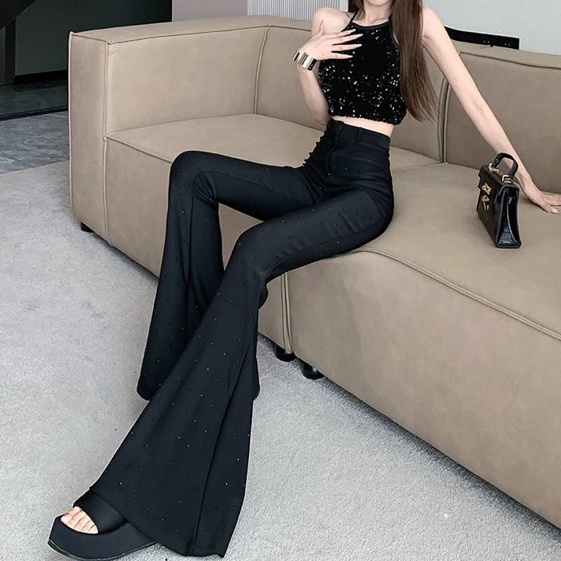 高级感烫钻亮闪闪西装喇叭裤女秋冬纽扣高腰修身弹力大裤脚拖地裤