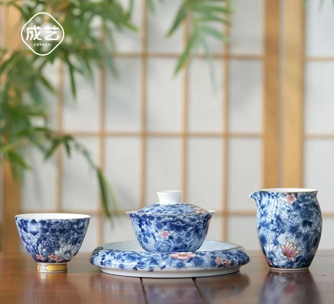 青瓷万花陶瓷瓷盖碗釉下彩防烫悬停茶具套装家用泡茶器主人杯大号