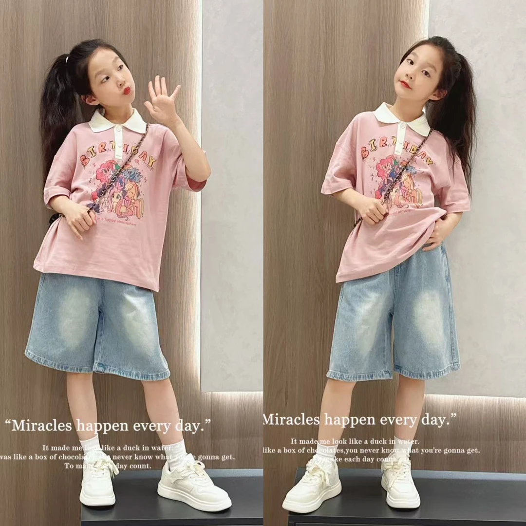 女童短袖2025新款夏季中大童POLO衫T恤上衣薄款牛仔短裤儿童t