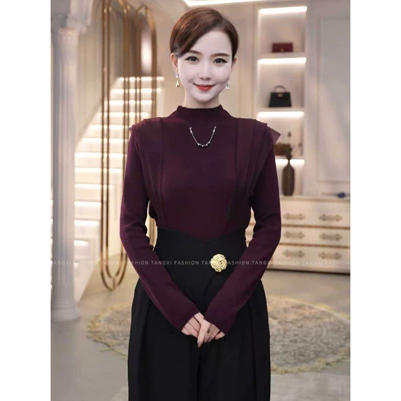 2025秋冬新款【8416】含绵羊毛针织衫网纱拼接酒红色修身百搭毛衣女