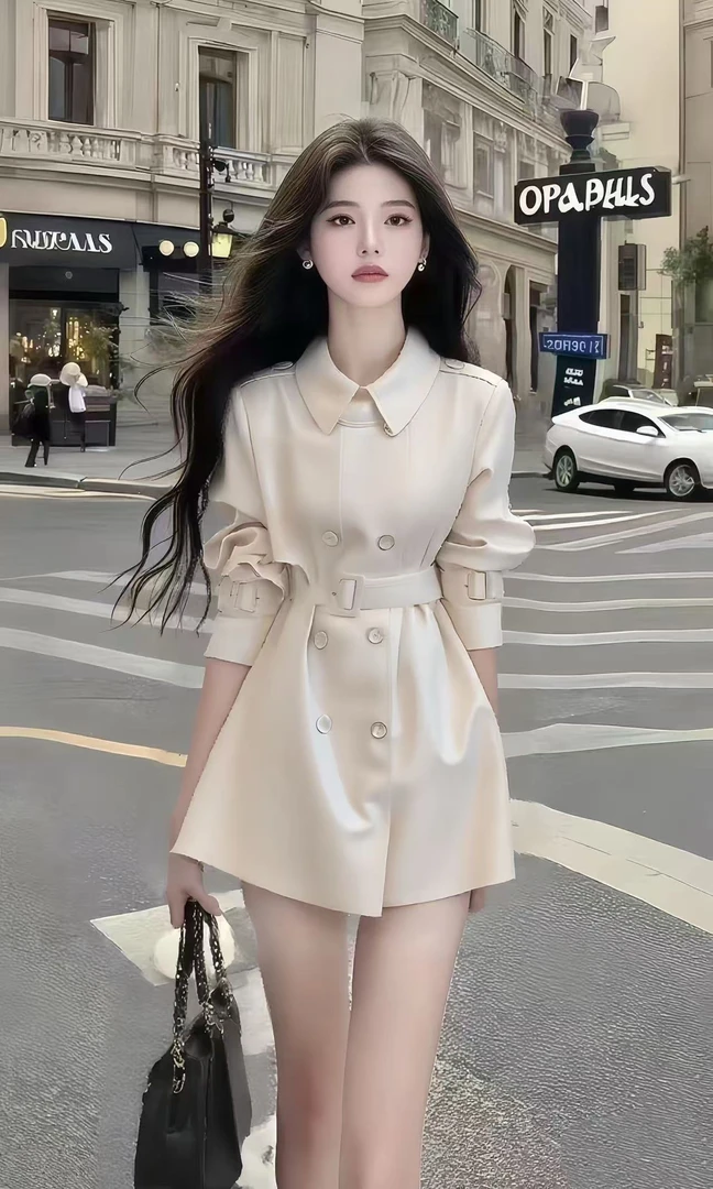 时尚新款轻奢高端休闲风别致设计感杏色翻领收腰系带修身连衣裙女